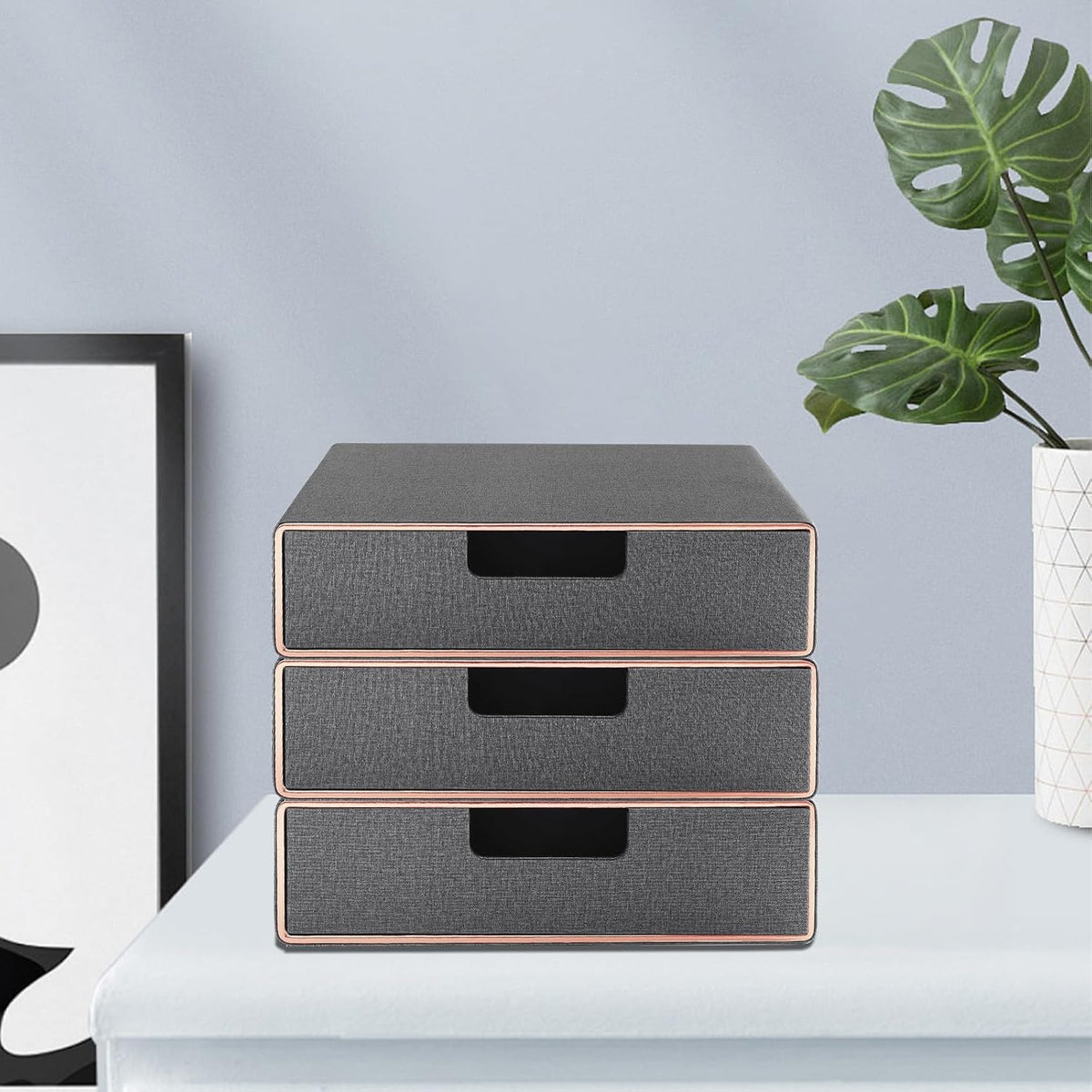 Stackable Organizer Drawer PU Leather Classic Handmade,Organize Home Office Desk Accessories and Sort Letter-Size Paper/a4 Document,Desktop Caddy with Drawers Storage,13.1x10x3.7inches,Grey