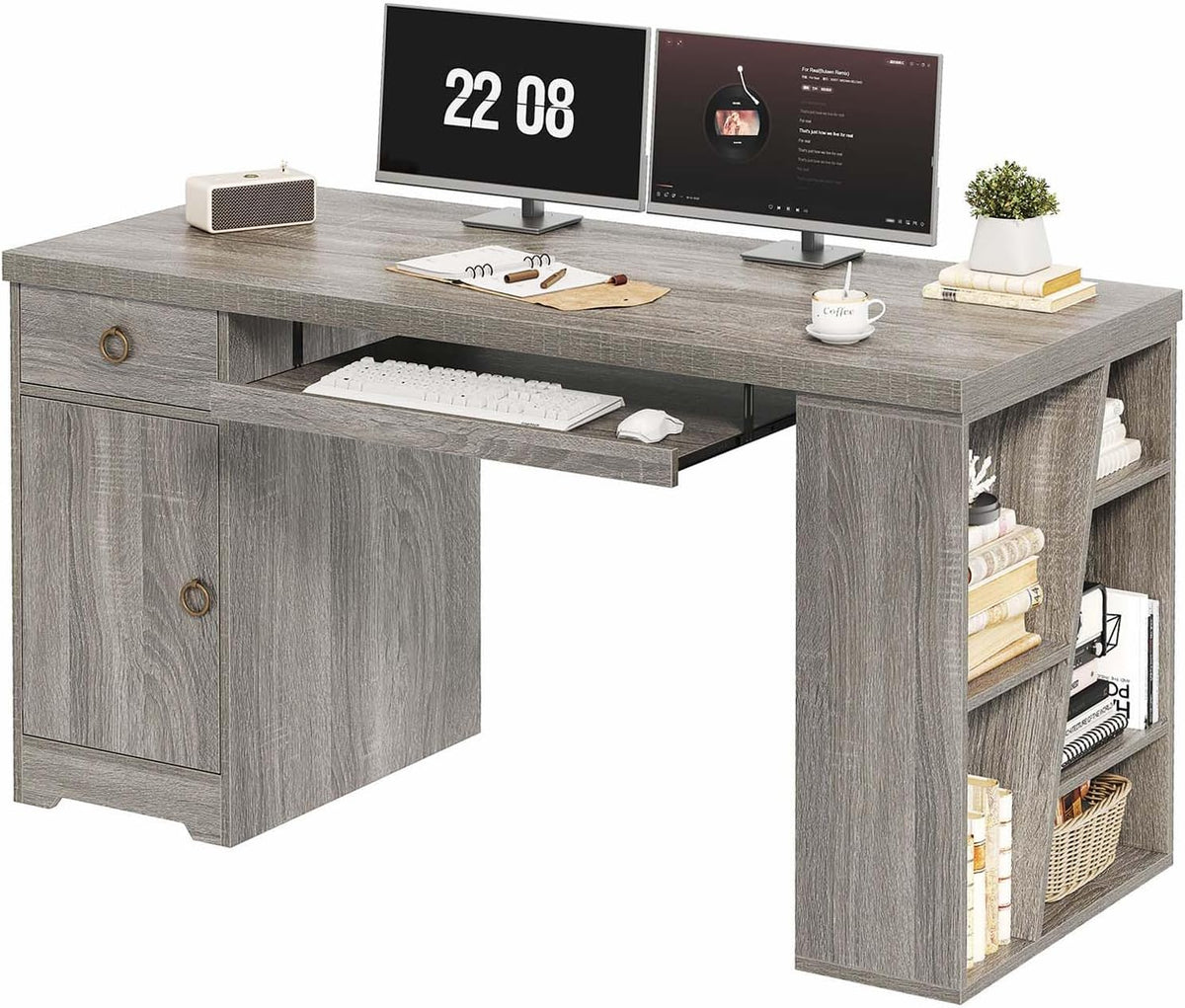 HSH 55" Office Desk with Keyboard Tray, Modern Computer Desk with Storage