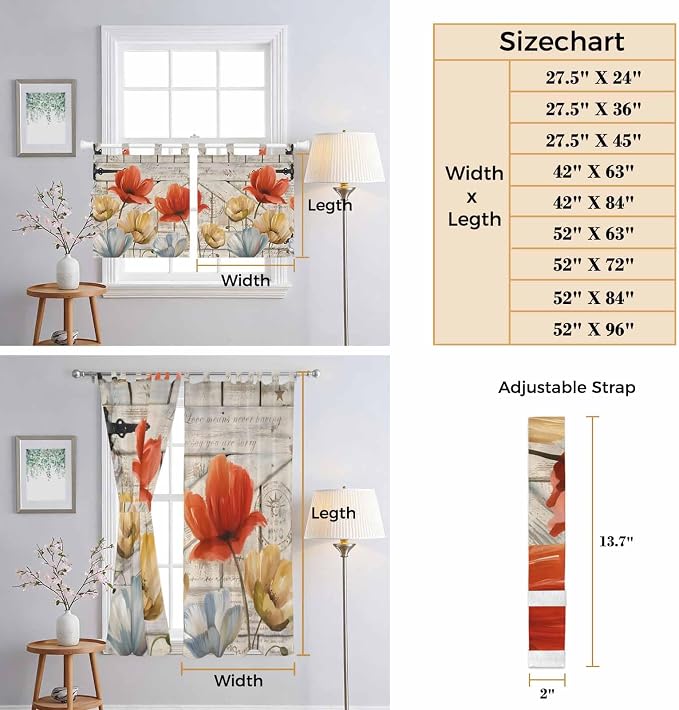 Retro Floral Kitchen Curtains 24 Inch Length, Small Window Curtains Tab Top