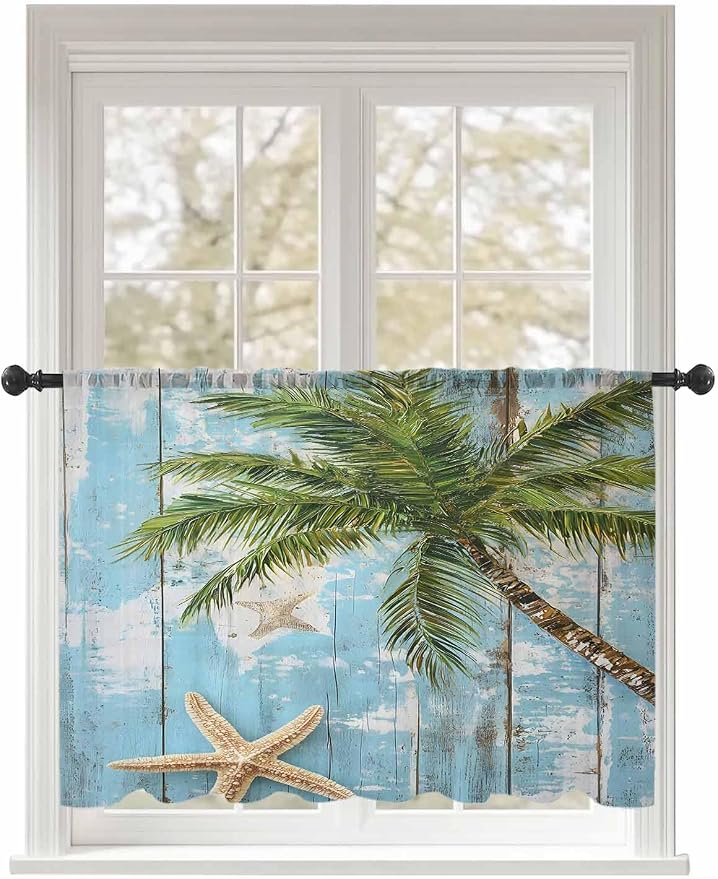 Sheer Curtains 54 Inch Length, Coastal Beach Blue Semi Sheer Curtains Light