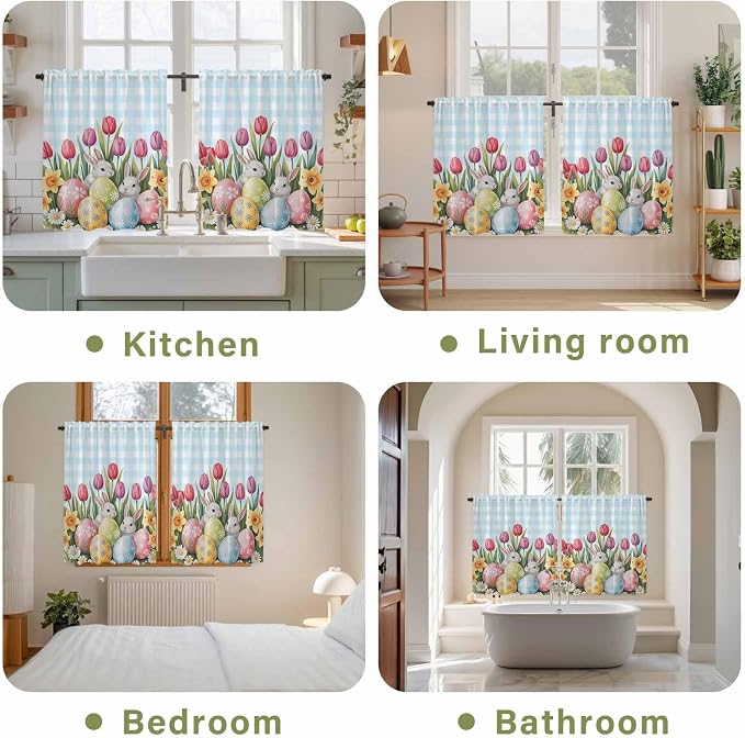 Easter Kitchen Tier Curtains 45 Inch Long 2 Panel Set, Rod Pocket Short Window