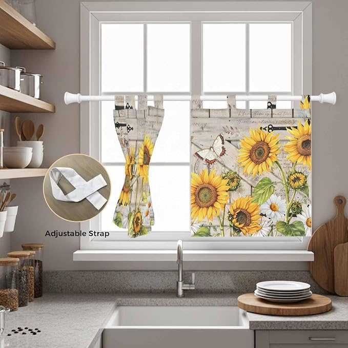 Farm Flowers Kitchen Curtains 36 Inch Length, Small Window Curtains Tab Top