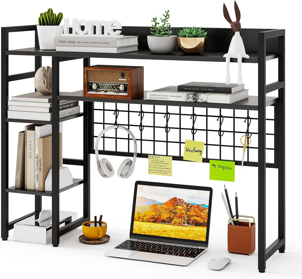 GOFLAME Desktop Bookshelf, 37 Inch Desk Shelf for Computer Monitor, 4-Tier Desk Hutch with Grid Panel 6 Hooks Set, Industrial Countertop Storage Organizer Shelf for Home Office, Dorm (Black)