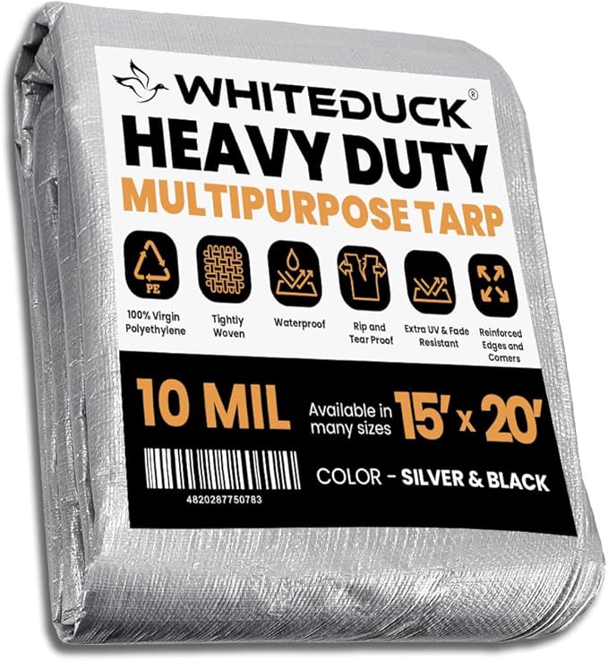WHITEDUCK Super Heavy Duty Poly Tarp Cover 16 Mil & 10 Mil with Grommets and Reinforced Edges (Brown, White & Silver Black) (Silver Black- 10 Mil, 15' x 20')