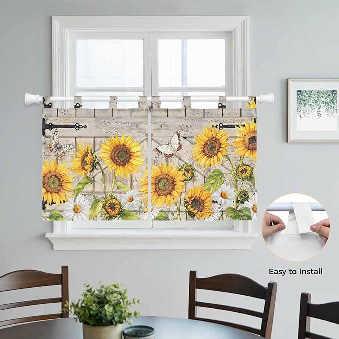 Farm Flowers Kitchen Curtains 36 Inch Length, Small Window Curtains Tab Top