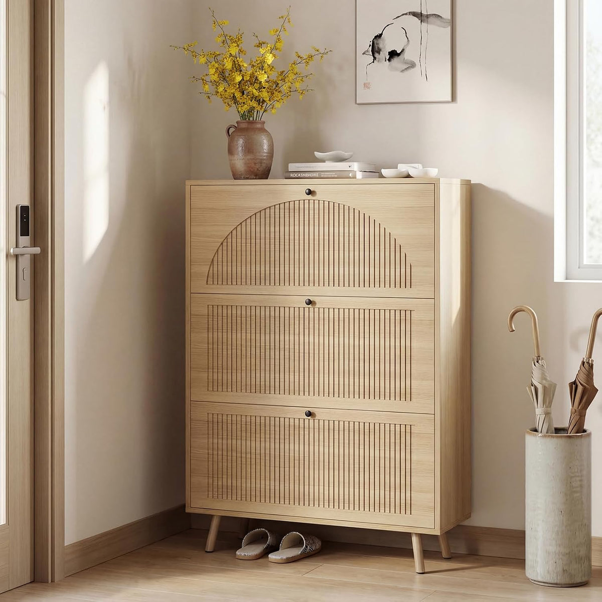 Shoe Organizer for Entryway, Fluted Shoe Cabinet with Flip Drawers, Oak