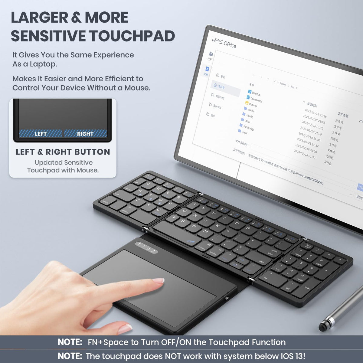 GEODMAER Foldable Bluetooth Keyboard, Portable Full Size Folding Keyboard with Large Touchpad, Numeric Keypad, PU Leather, Wireless TravelKeyboard for Windows Android Mac(Sync up to 3 Devices)