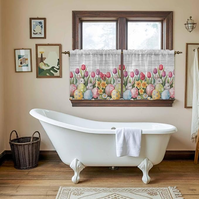 Easter Kitchen Tier Curtains 36 Inch Long 2 Panel Set, Rod Pocket Half Window