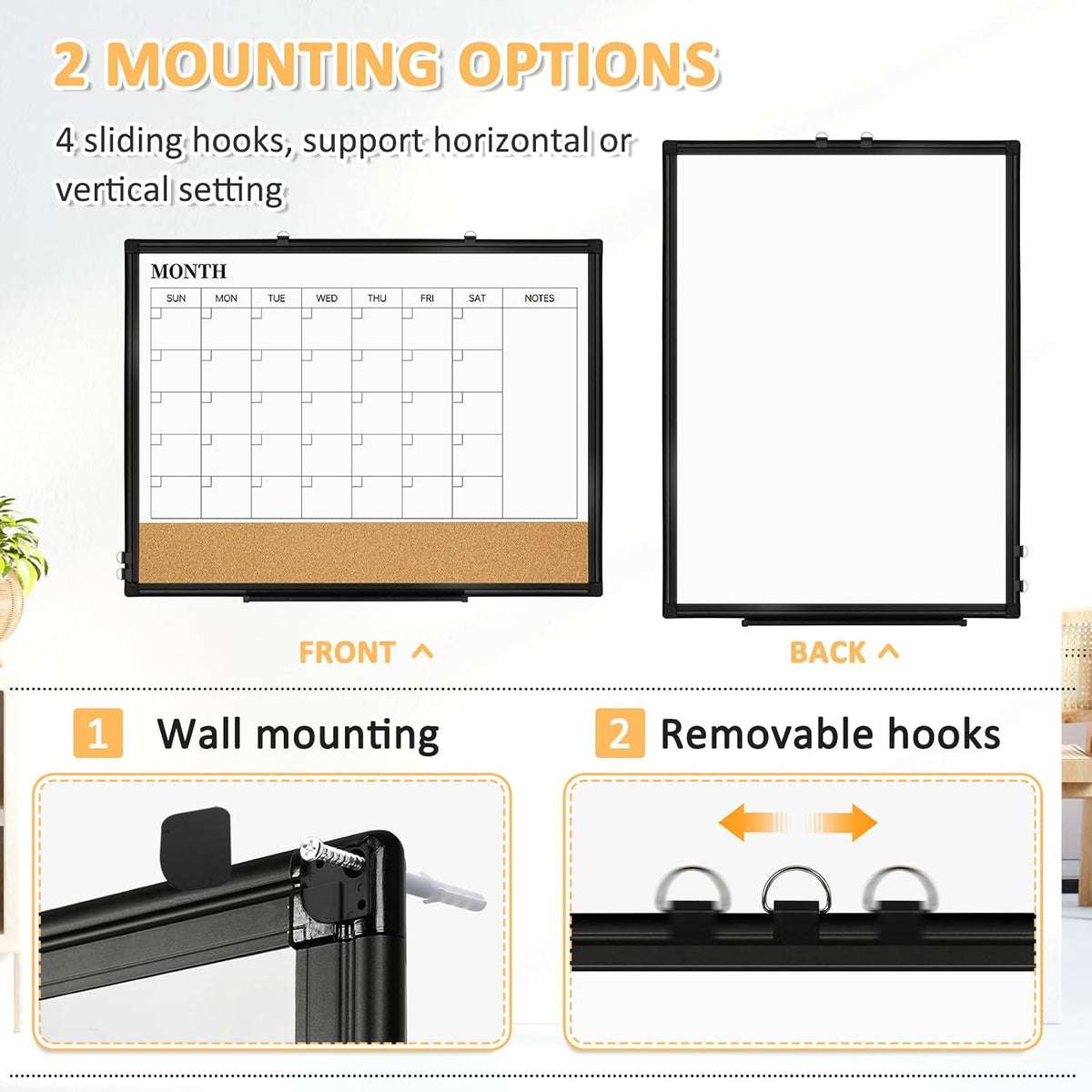 Monthly Dry Erase Calendar Whiteboard with Corkboard, 36" x 24", Black