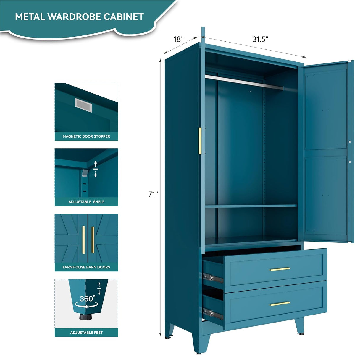 Metal Wardrobe Closet with Doors, 71" Tall Armoire Wardrobe with 2 Drawers and Hanging Rod, Farmhouse Steel Wardrobe Storage Cabinet for Bedroom, Laundry Room, Cloak Room -Blue