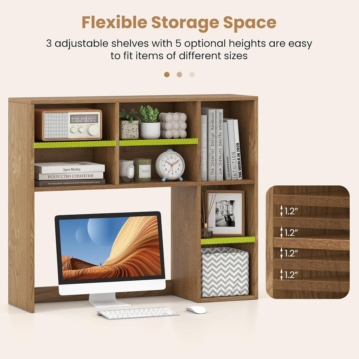 MAT EXPERT Wooden Desktop Bookshelf, Countertop Desk Hutch w/ 7 Cubes & Adjustable Shelves, Anti-toppling Kits, Table Top Organizer Shelf Fits Monitors up to 27” for Dorm, Office, Study (Natural)