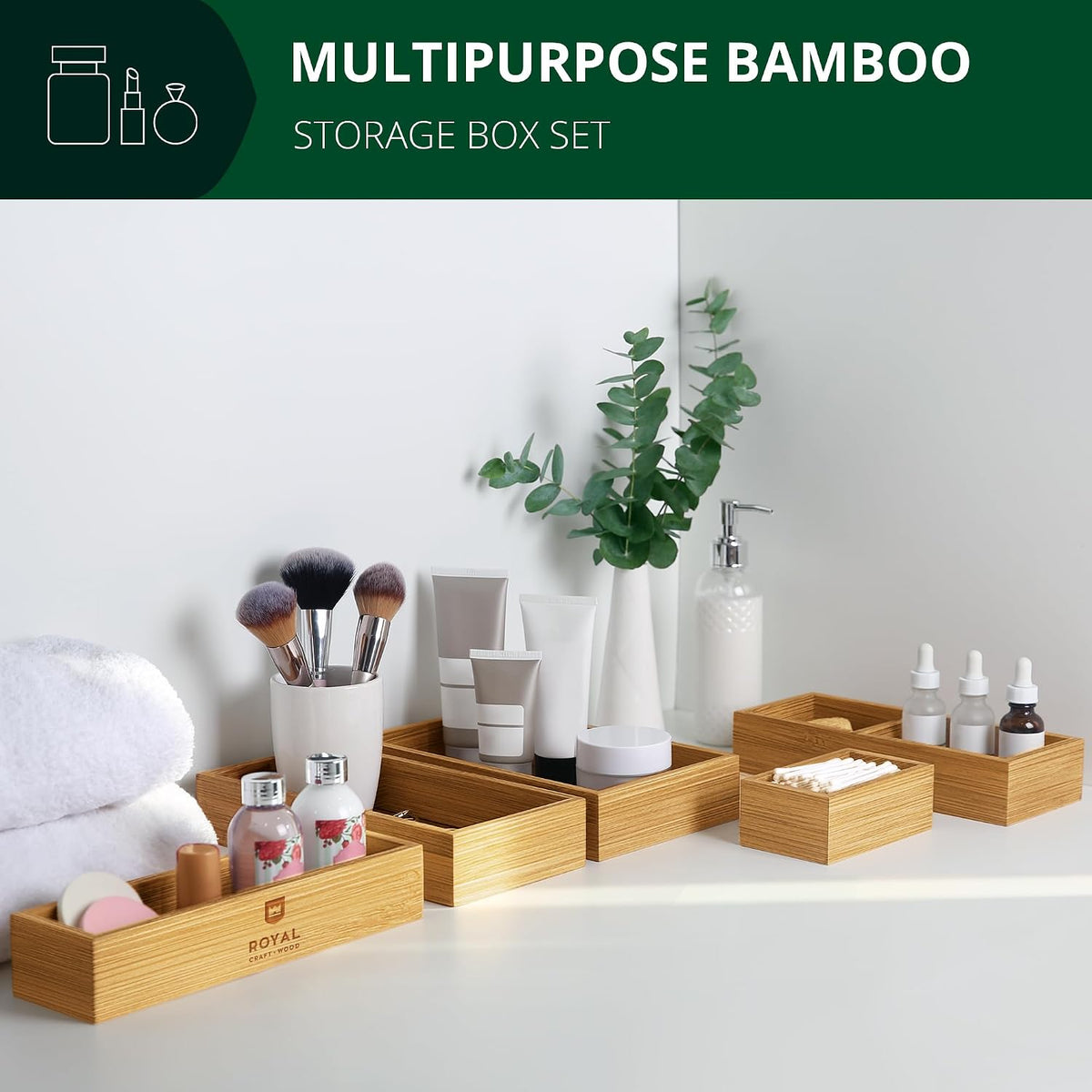 ROYAL CRAFT WOOD Premium Carbonized Bamboo Decorative Boxes - Drawer Organizer Set (5-Piece) – Wood Storage Boxes for Kitchen, Bathroom, Office & Makeup