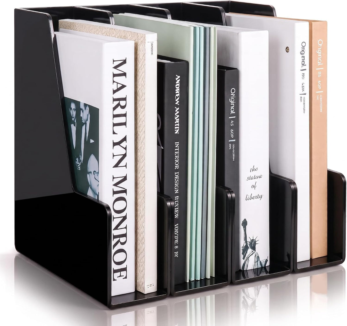 Vertical Magazine File Holder, Black File Organizer Desk Organizer and Storage Bins Holding for Magazines, Binders, Notebooks, Envelopes, Plastic Office Organization and Storage for Desk, 4 Pack