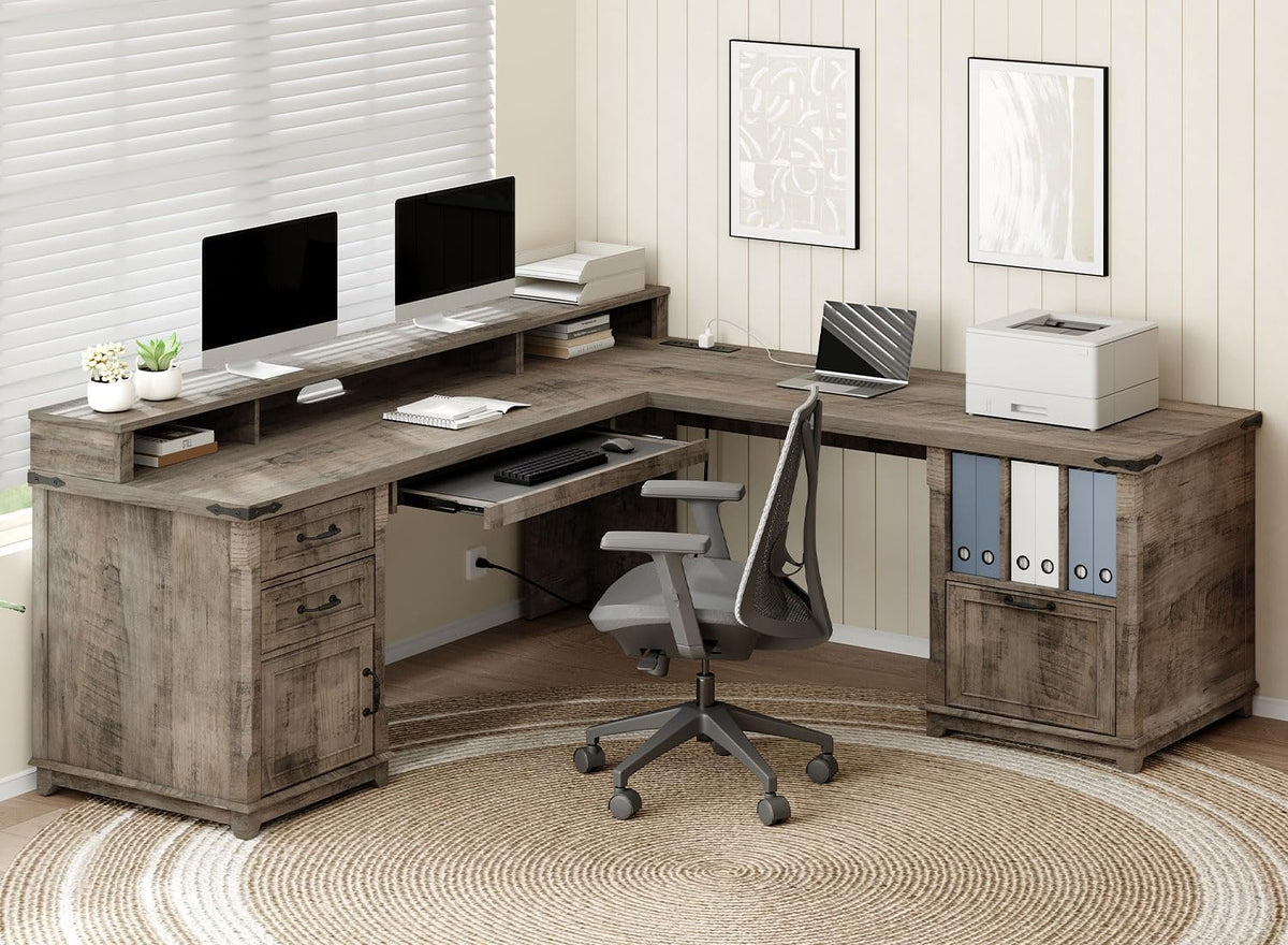 RALGEND Farmhouse 69" L Shaped Office Desk with Drawers and Storage Cabinet