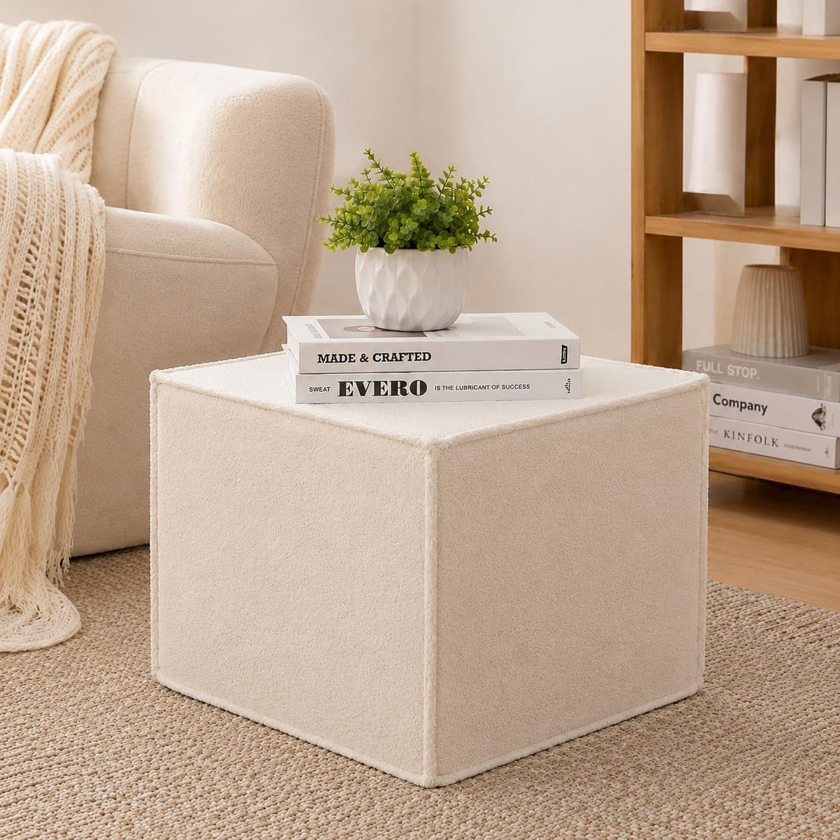 Square Ottoman Foot Rest,Small Pouf for Couch - Boucle Upholstered Foot Stools Applicable to Living Room & Bedroom & Dorm - Compressed Ottomans,Beige