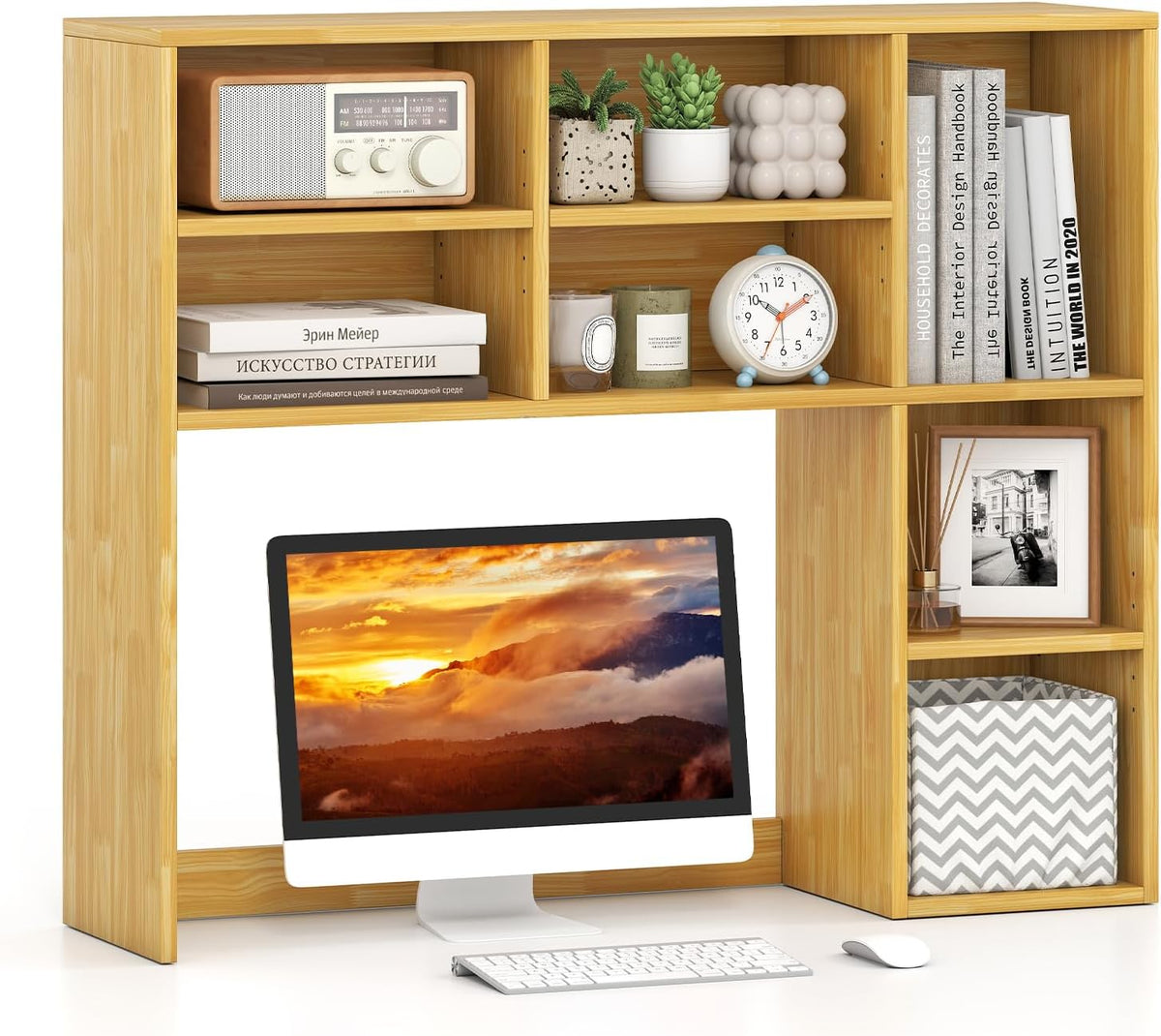 GOFLAME 7 Cubes Desktop Bookshelf, 37” Desk Organizer Shelf with 3 Adjustable Shelves, 3-Tier Wood Countertop Display Rack, Multipurpose Tabletop Desk Hutch for Dorm, Home Office, Burlywood