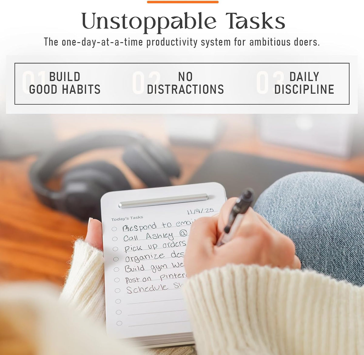 Unstoppable Tasks – 31 Blank Daily To-Do Cards with Aluminum Desk Card Holder, Minimalist Office Productivity To-Do Cards, Modern Desk Gift for Teams, Managers & Students (Silver)