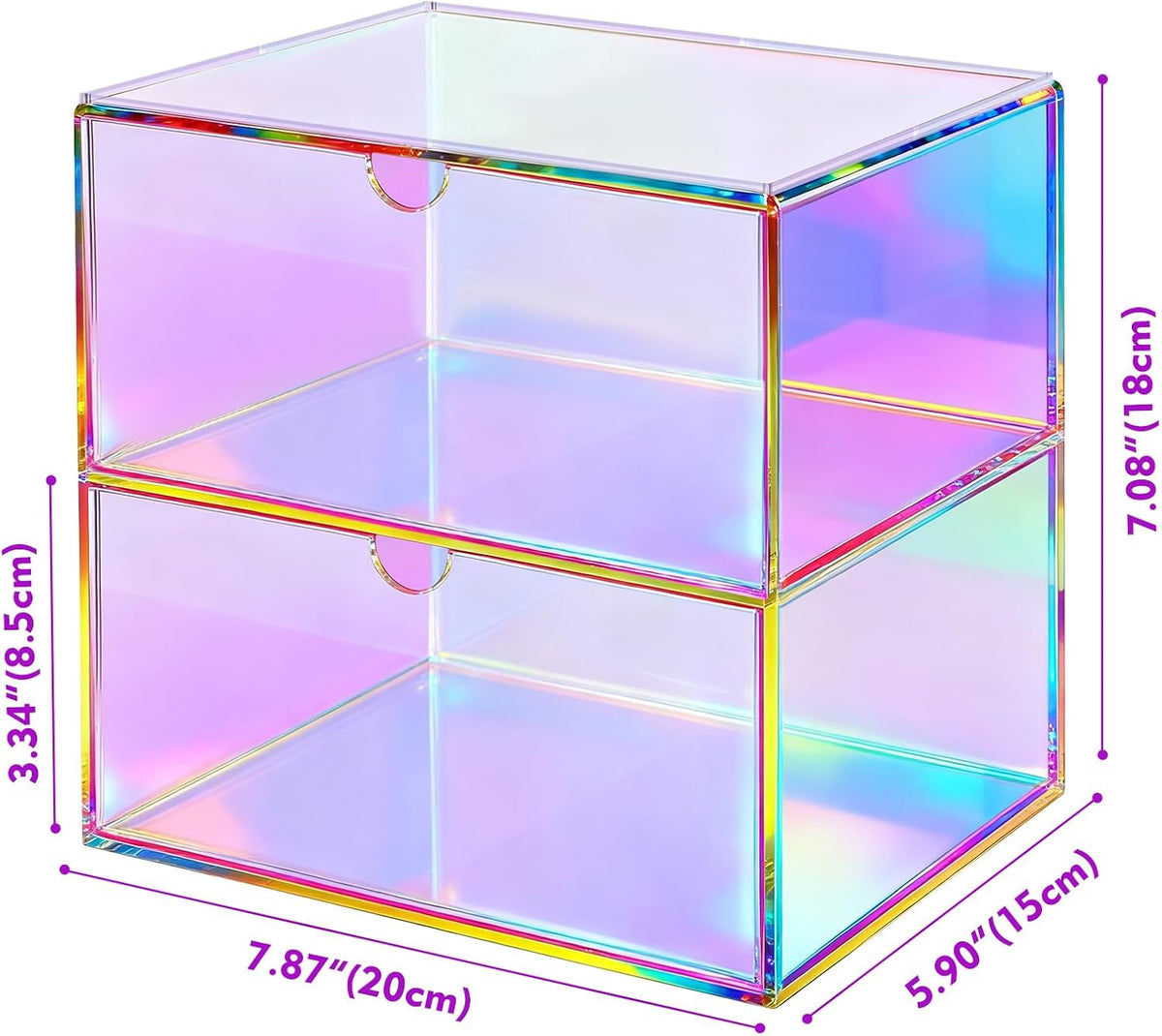 Acrylic Desk Organizer with Drawers Stackable Makeup Organizer for Vanity Office Countertop Cosmetic Display Cases Makeup Storage Box, Iridescent Rainbow