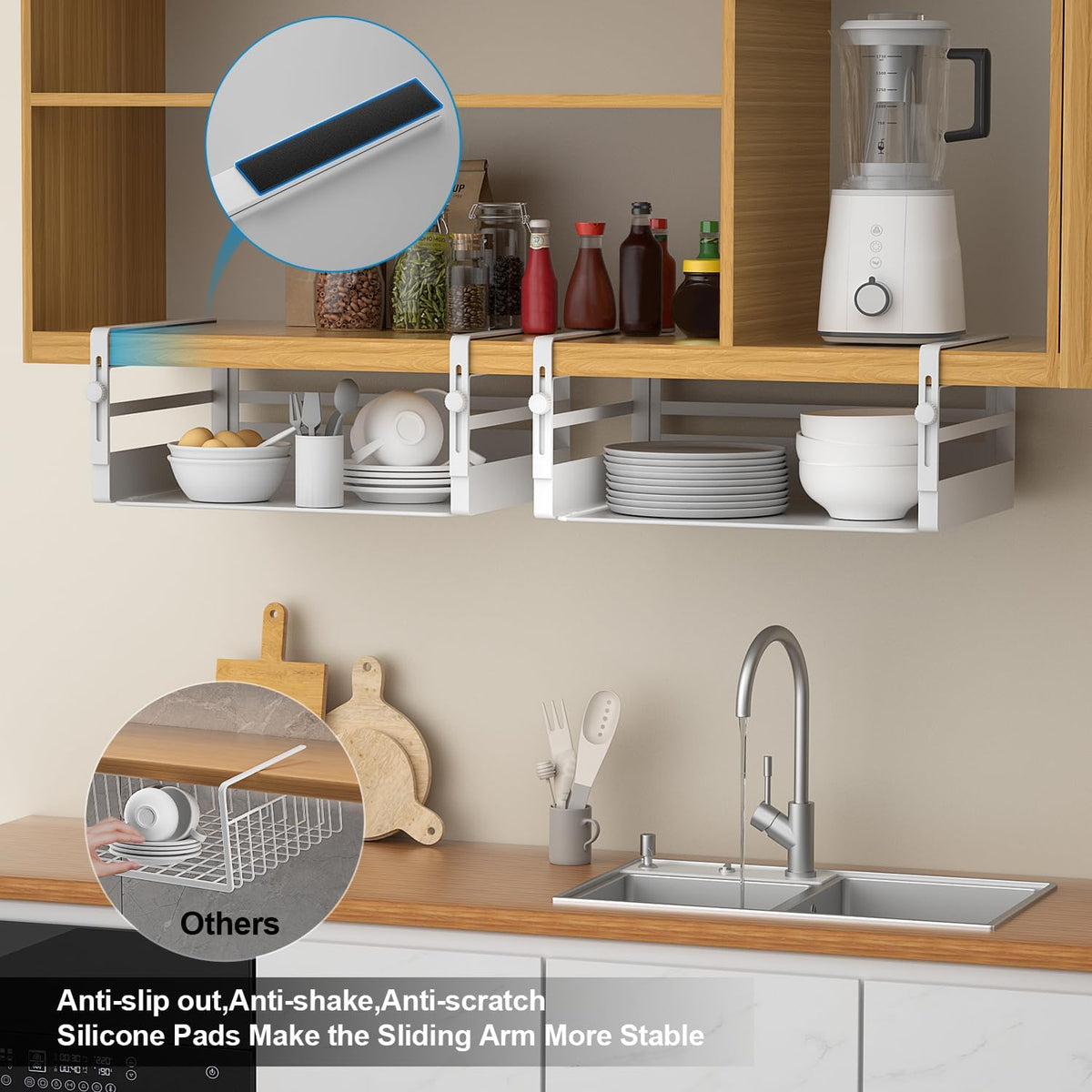 AmonHouseware 2 Pack Under Shelf Storage Basket Organizer,Adjustable Hanging Under Cabinet Add-on Storage Racks Slide-in Baskets Organizer for Laundry Room Kitchen Pantry Desk Bookshelf, White