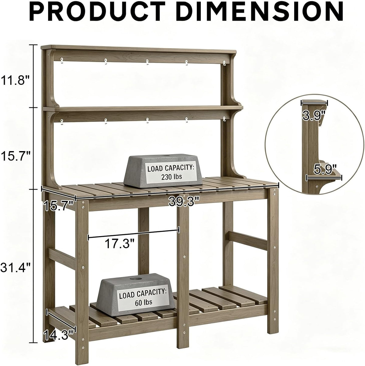 Outdoor Potting Bench with 3 Tier, All-Weather Patio Potting Table with Tool Hooks, HDPE Gardening Table for Backyard, Garden, Brown