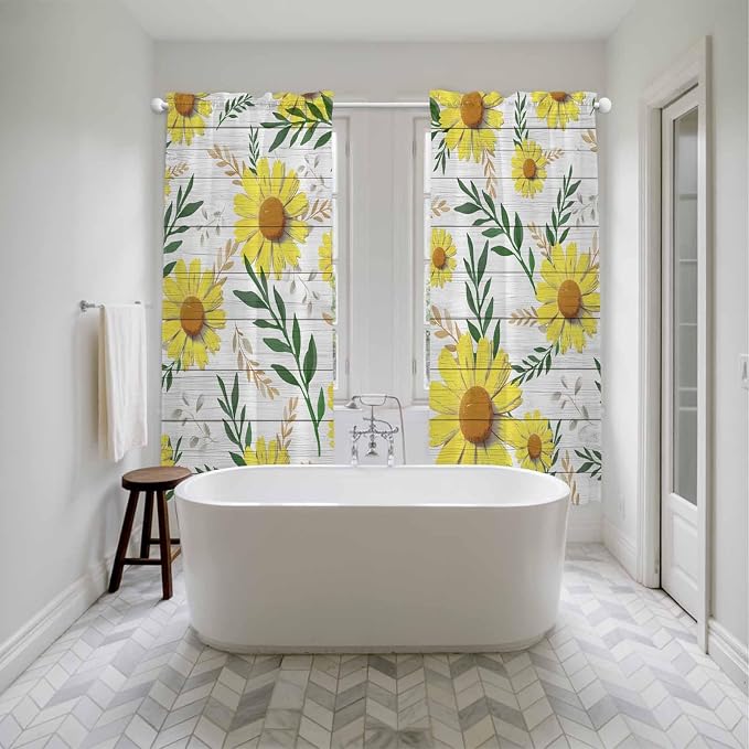 Yellow Daisy Kitchen Curtains, Farmhouse Country Flower Leaf Plant Wood Grain