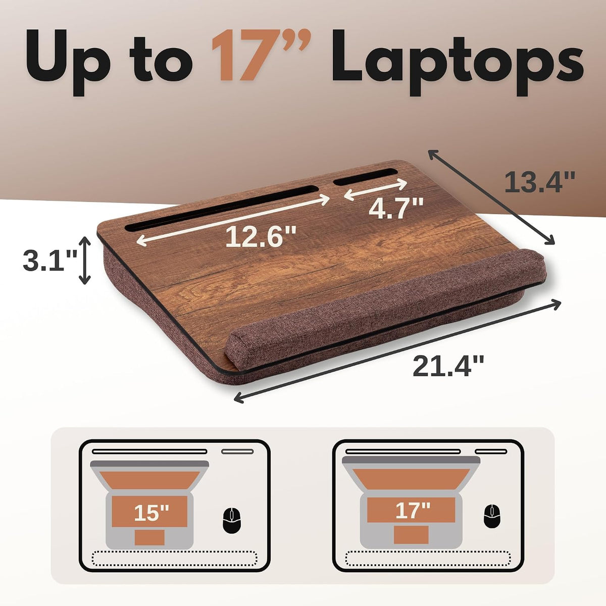 Vigo Wood Laptop Lap Desk with Cushion for Bed, Portable Home Office Tray Fits up to 17.3 Inch, Built-in Phone and Tablet Holder (Walnut & Brown)