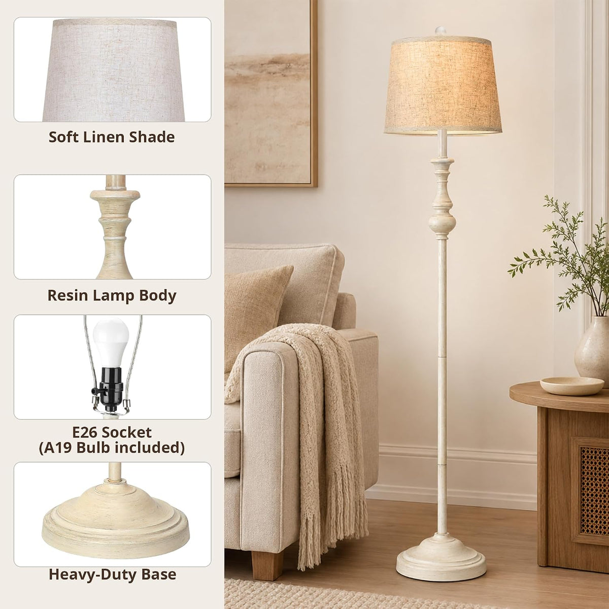Coucrek Farmhouse Floor Lamp, 62" Tall Rustic White Lamp for Living Room