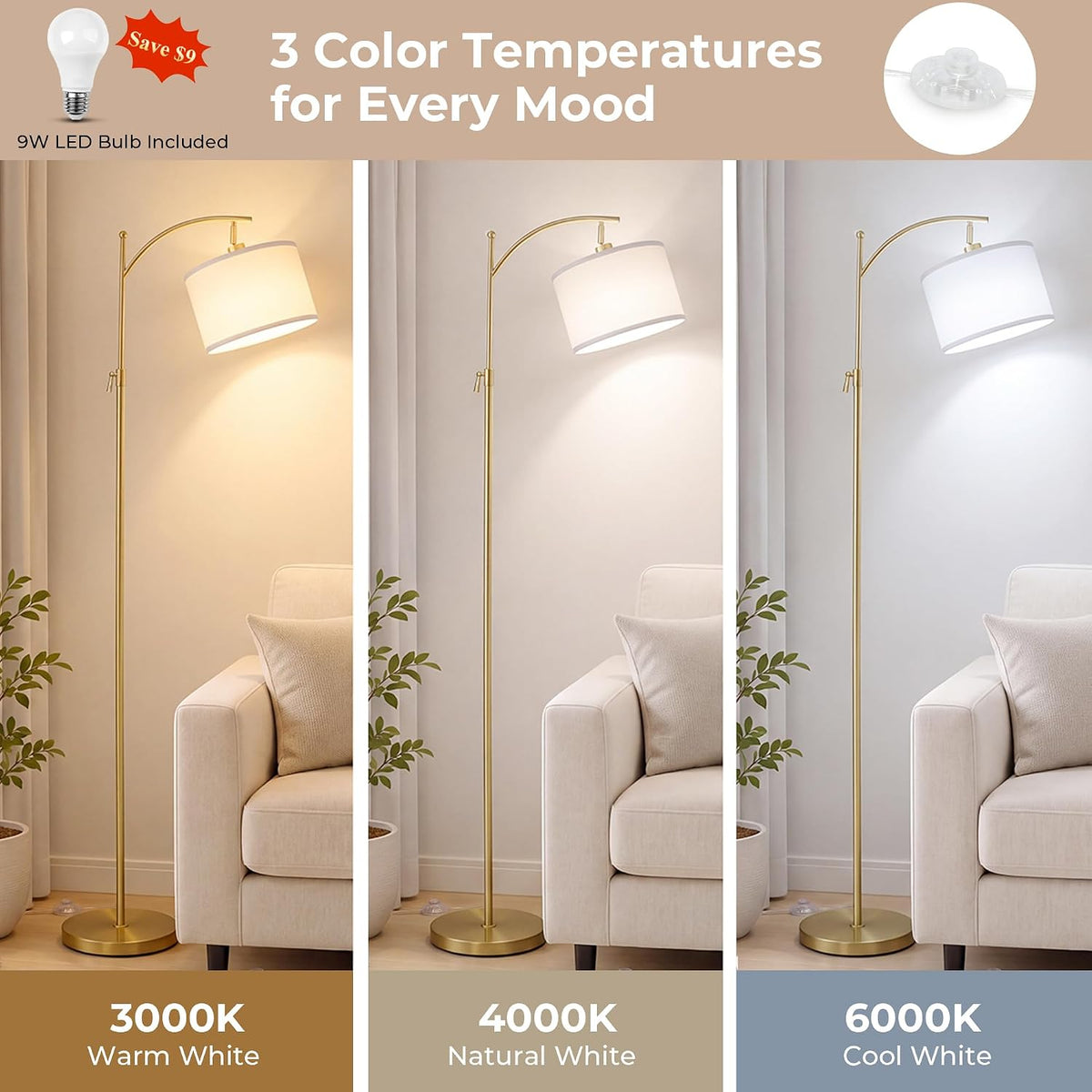 Upgraded Gold Arc Floor Lamp Adjustable Height 55-63in, 3 Color 9W LED Bulb