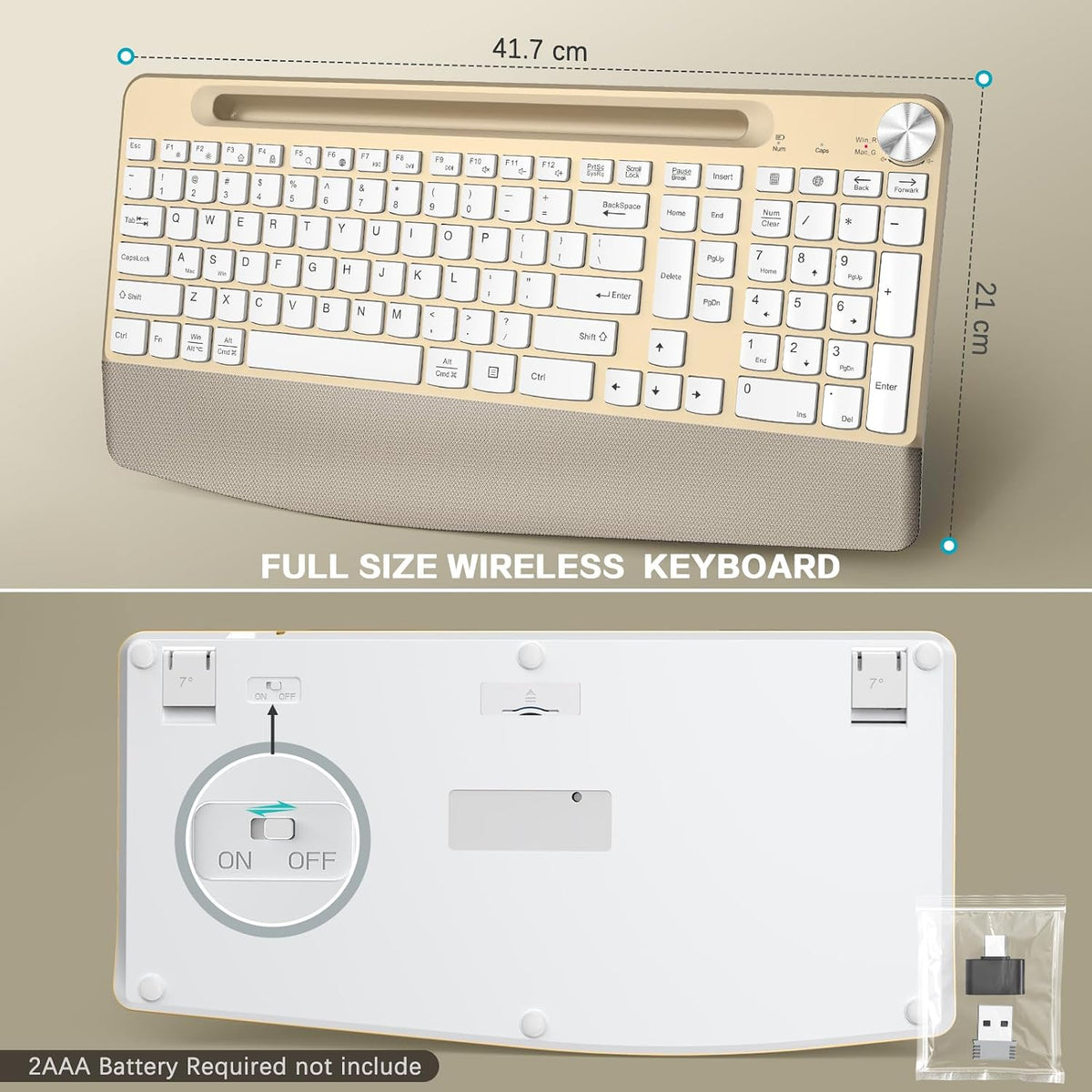 GAMCATZ Ergonomic Wireless Keyboard and Mouse with Wrist Rest，Phone Holder - 2.4GHz Full-Sized Low-Profile Quiet Gold Wireless Mouse and Keyboard Combo for Computer, Laptop, PC, Mac-Gold