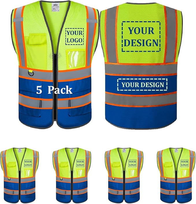 Custom Mesh Safety Vest 5 Pack Customized Logo Class 2 High Visibility Reflective Vest with Pockets Construction workwear（Yellow Blue，XL ）