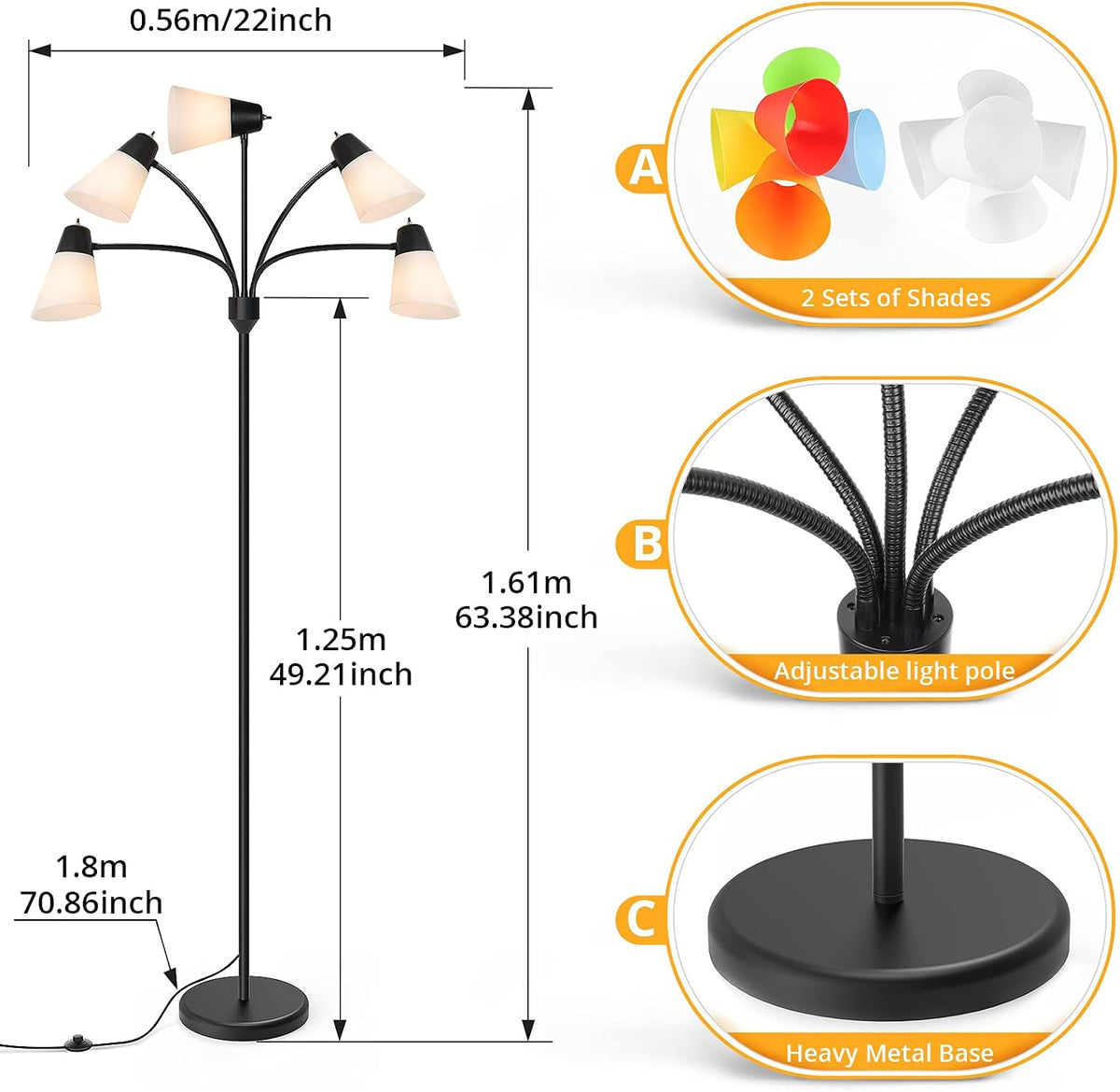 LED Floor Lamp, Medusa Adjustable Multi Head Modern Tall Standing Light