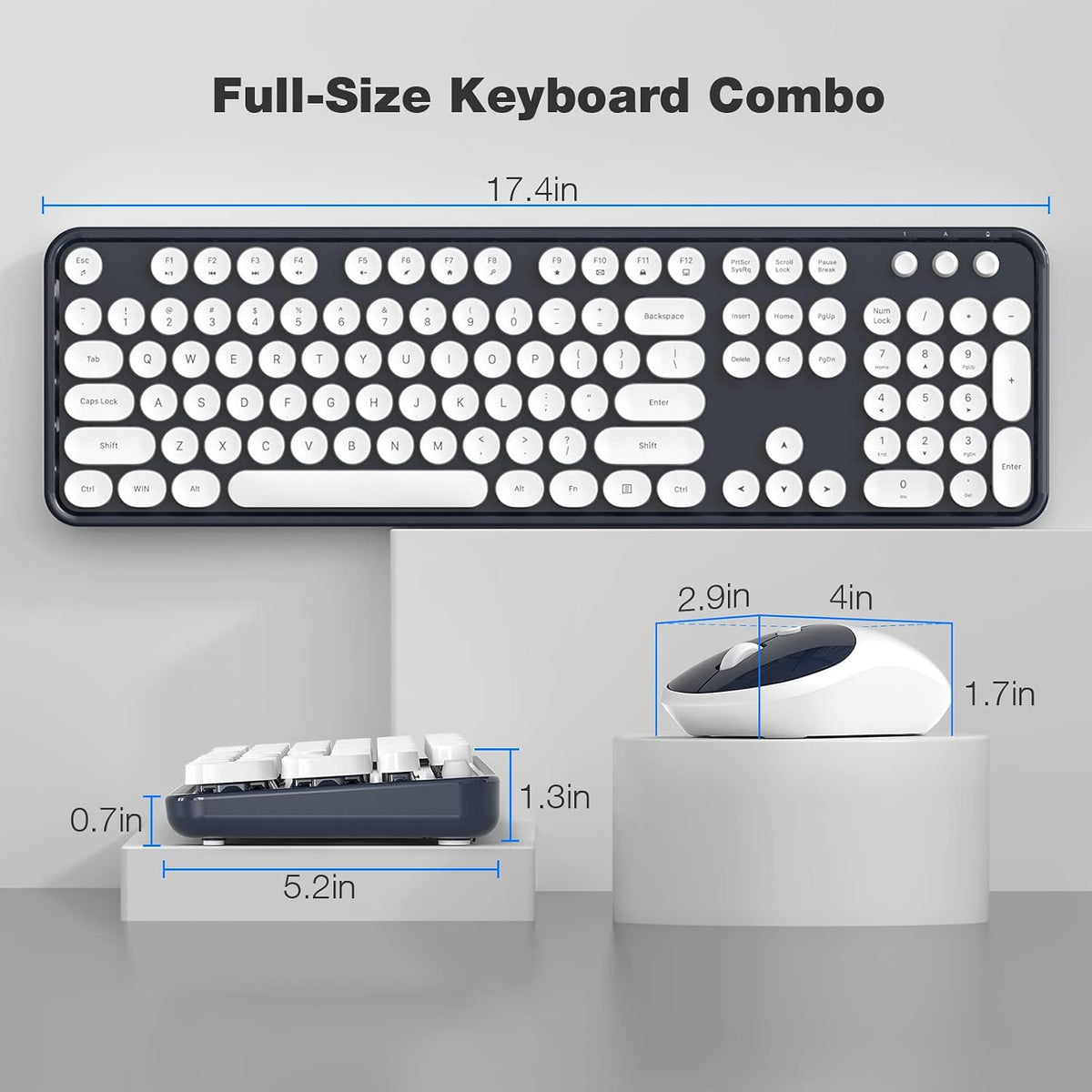 Wireless Keyboard and Mouse Combo - GEEZER Deepblue-White Full-Sized Colorful Keyboard 104 Keys - USB 2.4 G Receiver Plug and Play Round Keycap Typewriter Keyboards, for Windows, PC, Laptop, Desktop