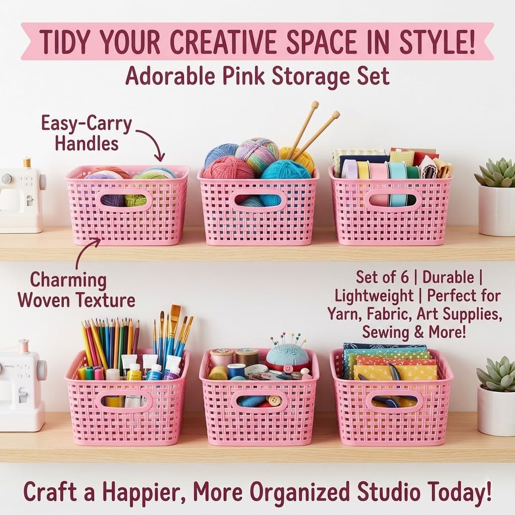 Plastic Storage Baskets/Bins, 12-Pack Stackable Pink Basket Organizer for Bathrooms, Kitchens, Countertops and Bedrooms