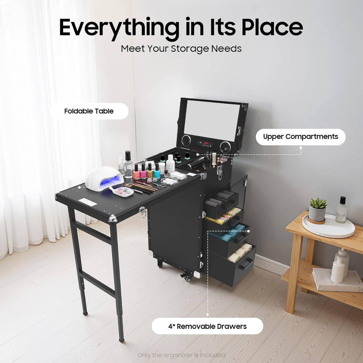 Manicure Table for Nail Technicians, Nail Table Mobile Station Rolling Makeup Travel Case, Foldable Nail Table with Speakers, Travel Cosmetic Trolley Storage Organizer Portable Nail Desk