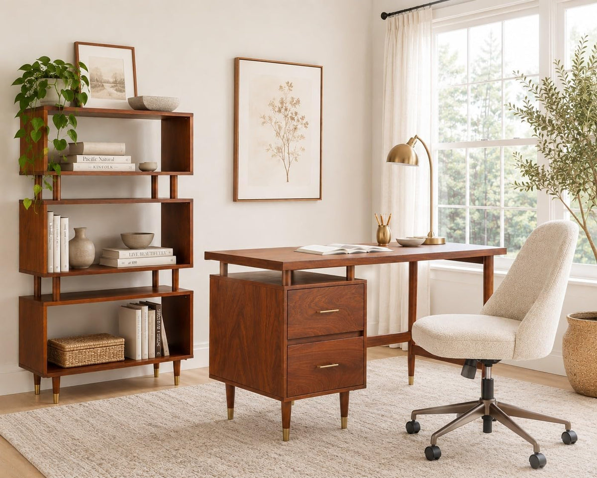 Mesa 3 Tier Bookshelf, Mid Century Bookcase for Living Room, Bedroom Furniture & Home Office, Solid Wood Storage Shelves with Gold Legs, 59.5" Tall Modern Book Shelf, Walnut
