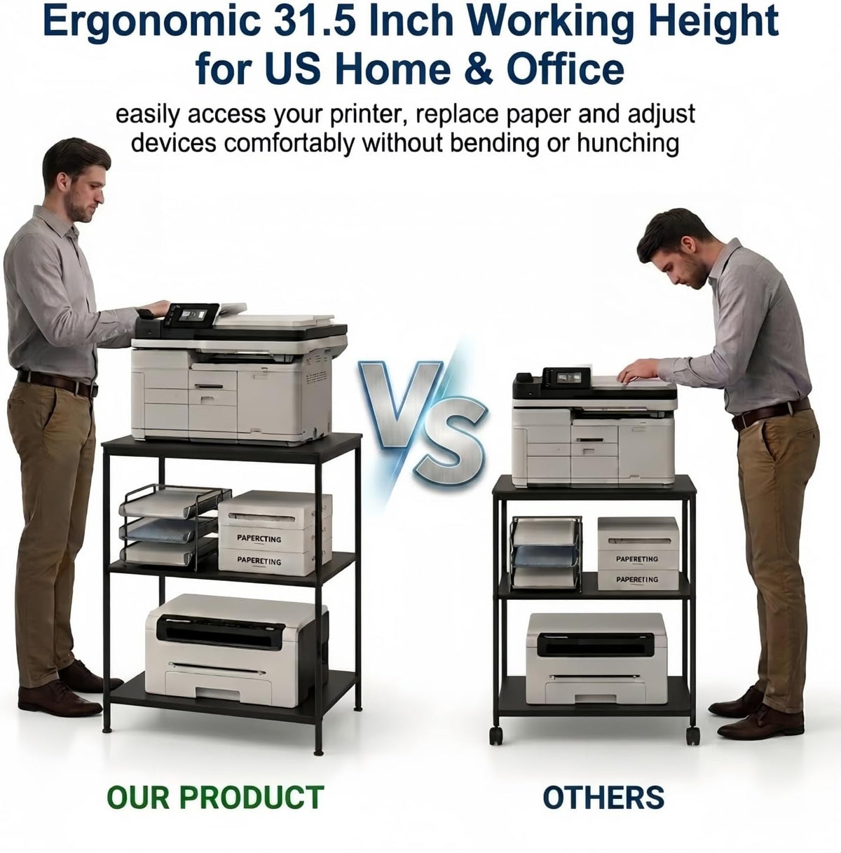31.5" Heavy Duty Large Printer Stand with Adjustable Storage Shelf, Black