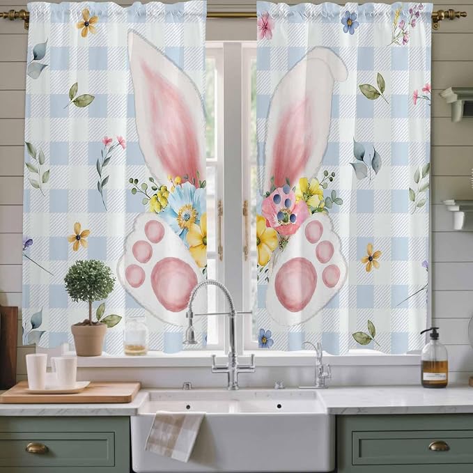 Easter Window Curtains 63 Inch Long 2 Panel Set, Rod Pocket Bedroom Curtains &