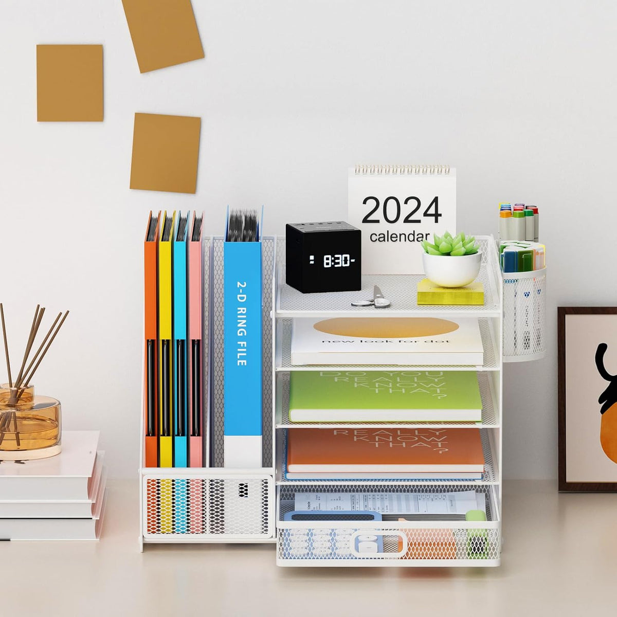 Lavatino Desk Organizer with File Holder, 5-Tier Paper Letter Tray Organizer with Sliding Drawer and 2 Pen Holder, Mesh Desktop File Organizer for Office Supplies, White