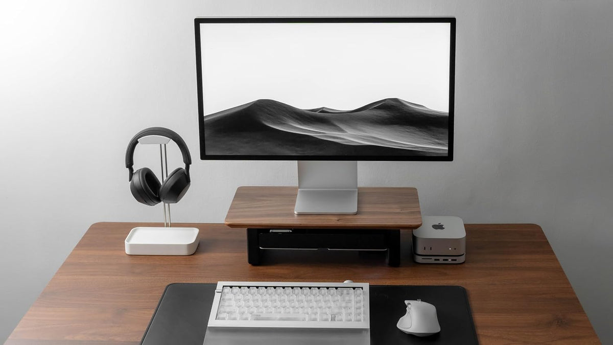Raico Desk Shelf Mini Monitor Stand, Compact Walnut Wood Organiser, Small Desk Setup, Ergonomic Home Office Accessory (Walnut | 18.8 Inches)