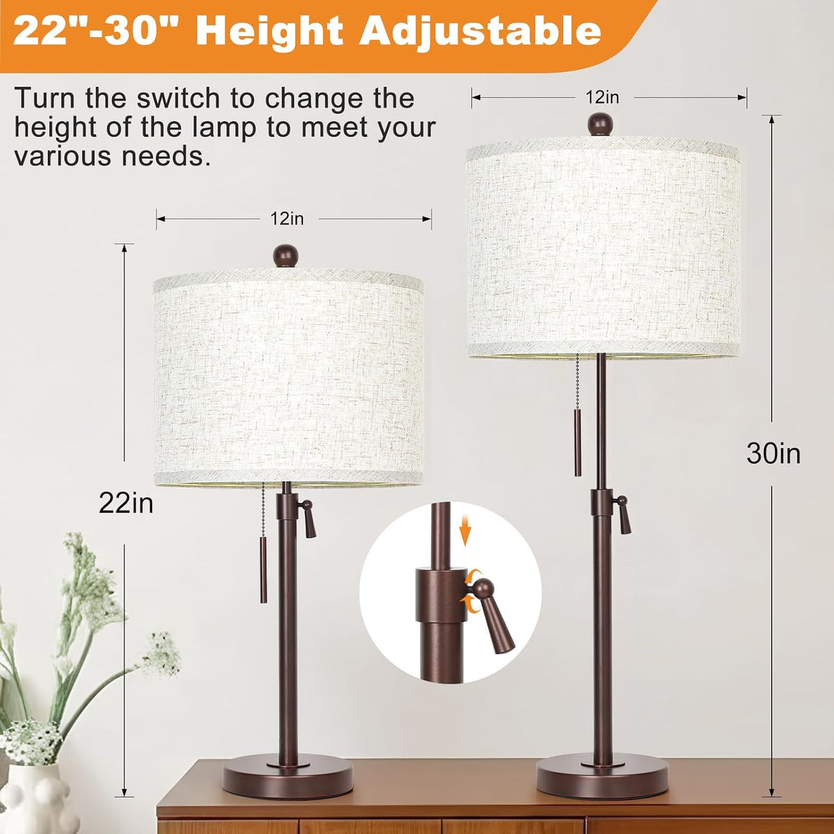 Qingmiao Table Lamps Set of 2, 22" to 30" Adjustable Nightstand Lamps for Bedroom, Dimmable End Table Lamps for Living Room Console Entry Farmhouse Home Decor, New House Warming Gifts