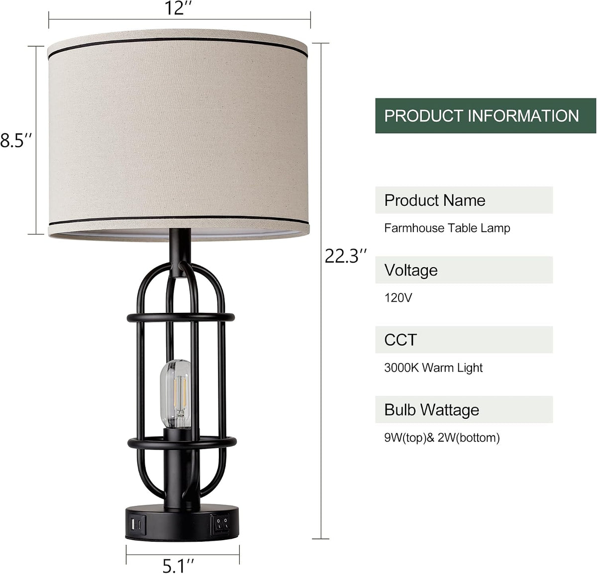 Reaketon 22.3” Farmhouse Table Lamps for Living Room Set of 2, Black