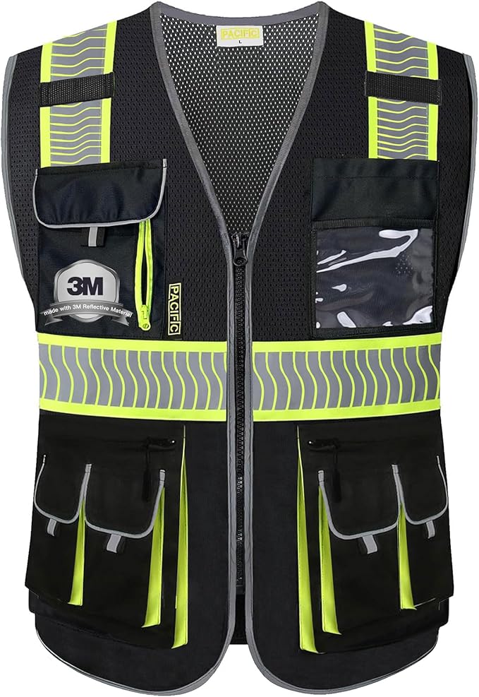 PACIFIC 10 Pockets Class 1 Safety Vest for Men, 3M High Visibility Reflective Strips, Meets ANSI/ISEA Standard, Black, Medium