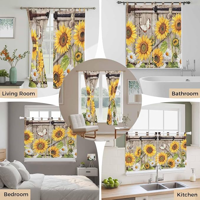 Farmhouse Sunflowers Bathroom Curtains 63 Inch Length, Window Curtains Tab Top