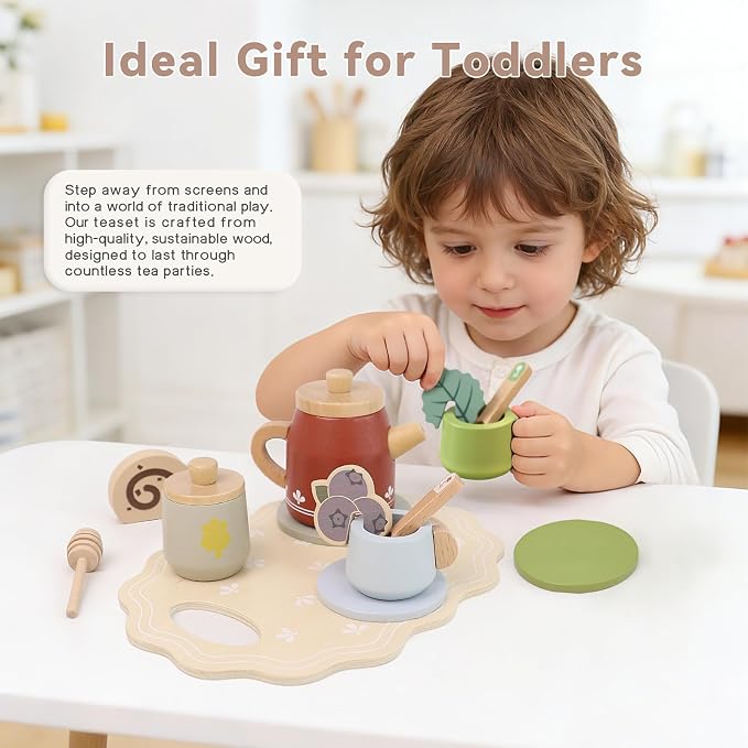 Wooden Tea Set for Little Girls, Play Food Sets for Kids Pretend Play Kitchen