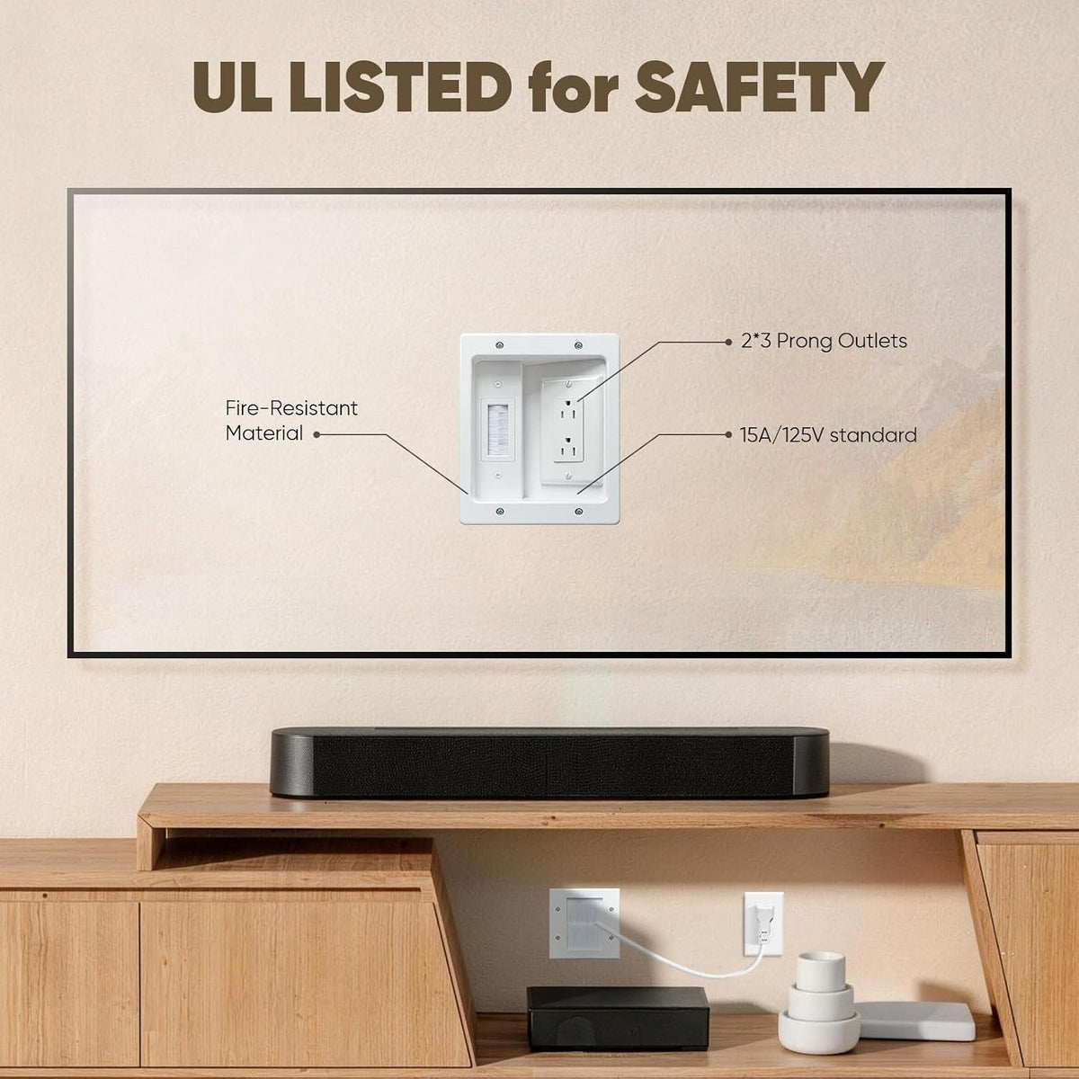 in Wall TV Cable Management Kit with Brush Wall Plate TV Cable Hider Wall Kit-9.8FT Cord, UL Listed, Recessed Dual AC Outlets Box for Wall-Mounted TV and Home Theater