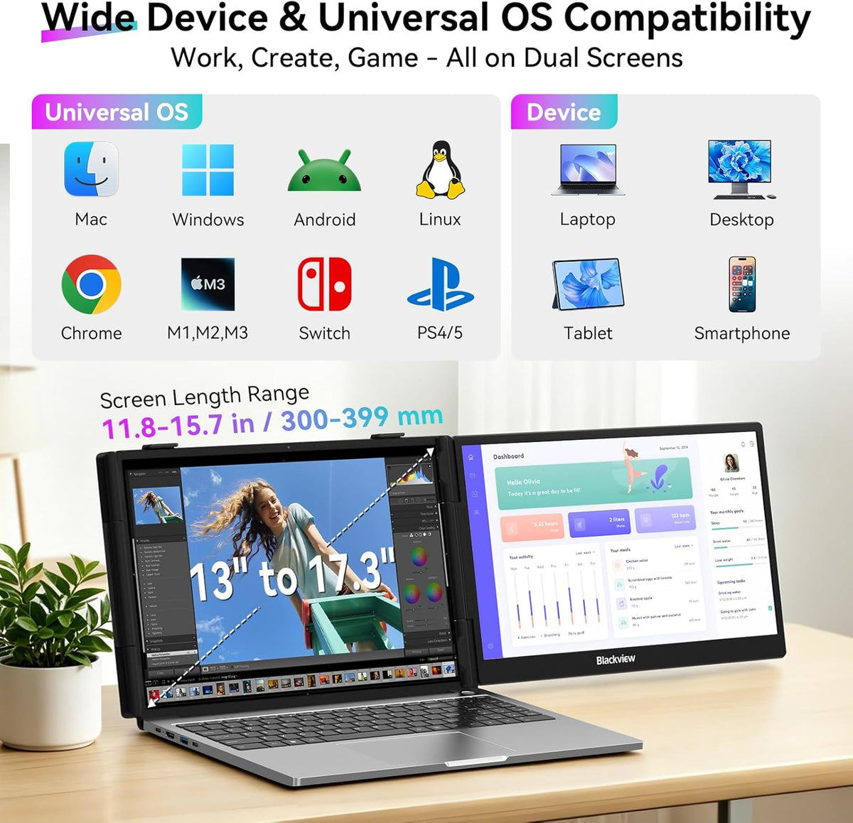 Blackview Laptop Screen Extender, 14" 1080P FHD IPS Portable Monitor, Ultra-Slim Travel Dual Monitor Fit for 13"-17.3" Laptops, USB-C Plug &Play Extended Screen for Windows/Mac/Android/Switch