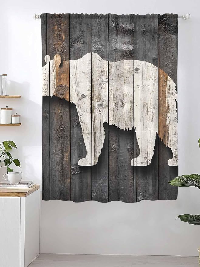 Sheer Curtains 63 Inch Length, Vintage White Brown Bear Semi Sheer Curtains