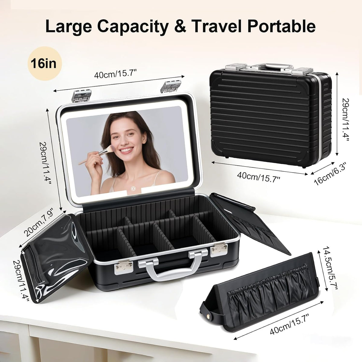 BEAUTY CASE Makeup Case with LED Mirror, 16 inch PC and Aluminum Shockproof Hard Shell Cosmetic Organizer Case, Portable Travel Vanity Box with Brush Board, Combination Lock, Black
