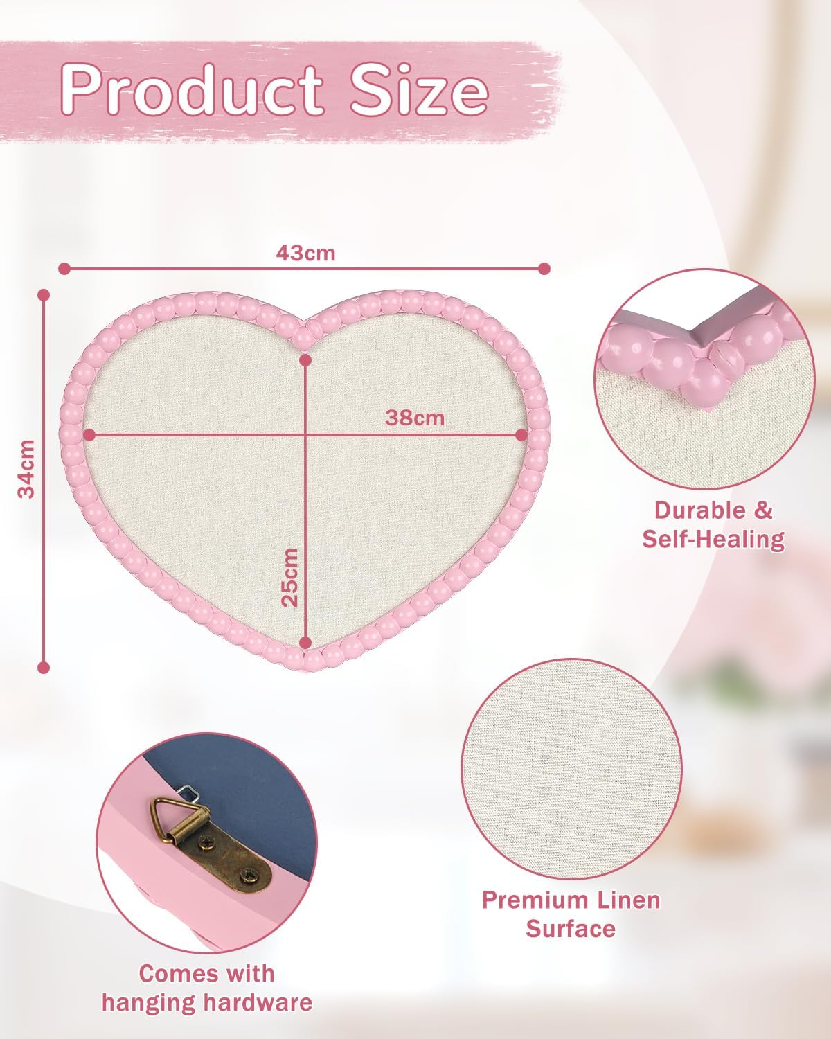 17" x 13" Heart Shaped Linen Bulletin Board, Pink Beaded Wood Frame Cork Board Alternative, Decorative Memo Board for Wall, Home Office & Bedroom Deco, Heart-3343PK