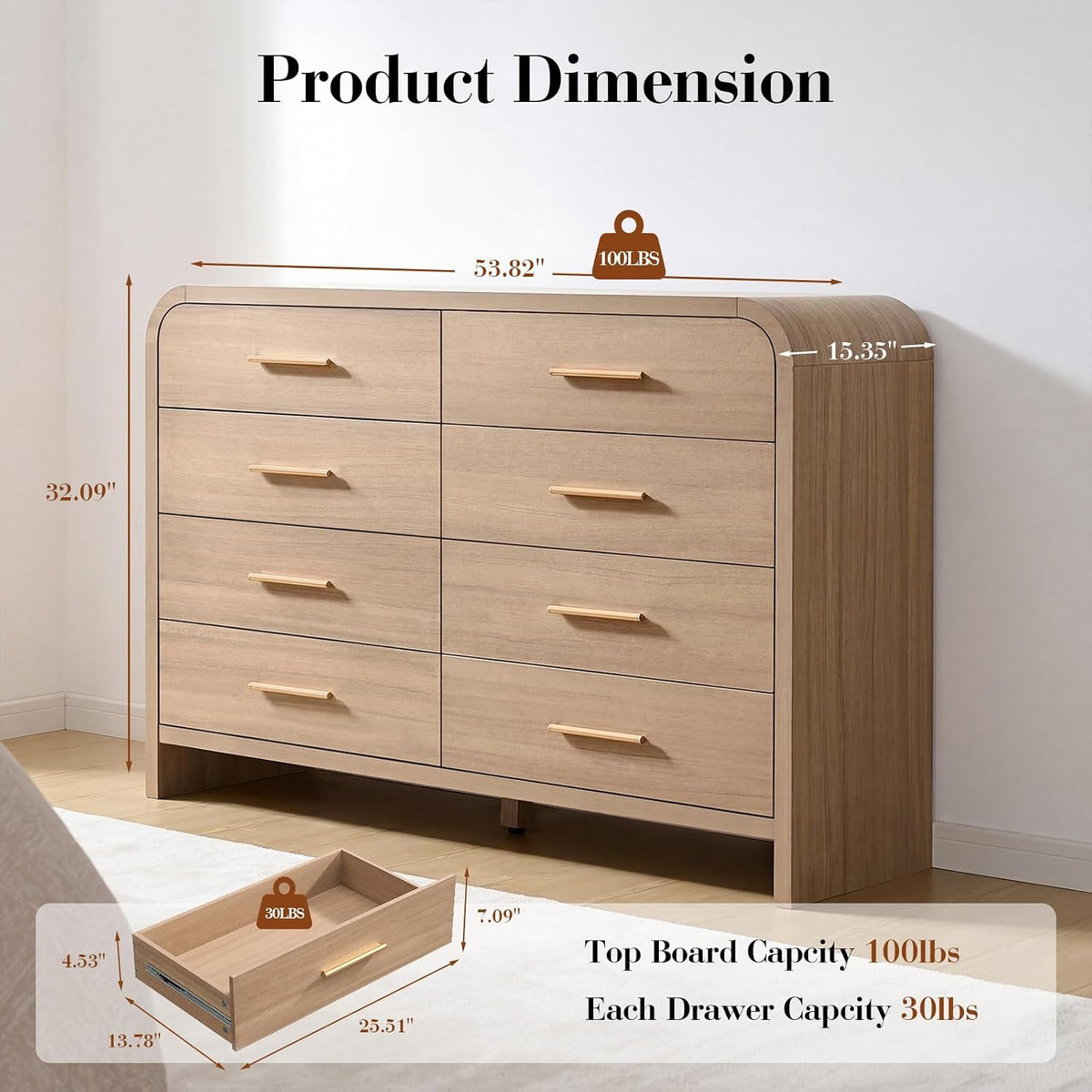 Curved Drawer Dresser for Bedroom with 8 Drawers, 54'' Wide Chest of Drawer